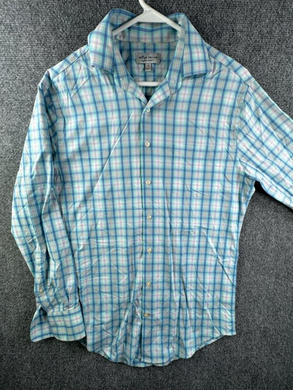 Peter Millar Summer Comfort Size Small Button Up Shirt Plaid Blue Pink Stretch